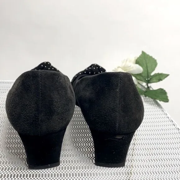 Stuart Weitzman Black Dotsun Suede Bow Low Wedge Heels Shoes Black 7