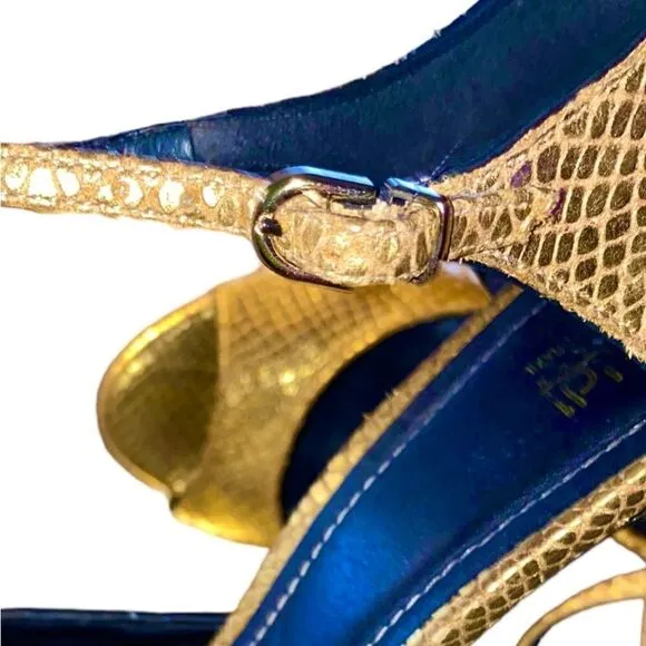 Stunning 5” platform heels, metallic gold lizard  embossed leather shoes  8.5