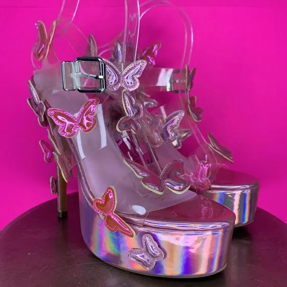 Sugar Thrillz Sweet Butterfly Baby Platform Heels - Holographic Pink Sz 9