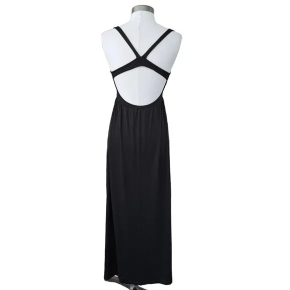SUSANA MONACO Black Maxi Dress Size Ssmall Open Strappy Back Low Cut High Waist