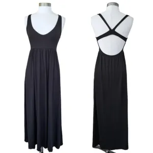 SUSANA MONACO Black Maxi Dress Size Ssmall Open Strappy Back Low Cut High Waist