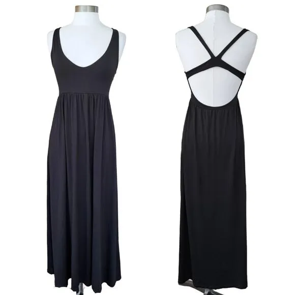 SUSANA MONACO Black Maxi Dress Size Ssmall Open Strappy Back Low Cut High Waist