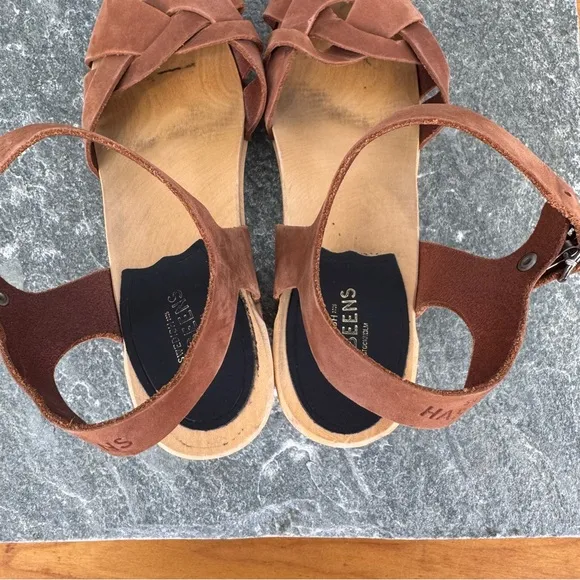 Swedish Hasbeens Kringlan Clog Sandals Block Heels Brown Braided Leather 37 US 7