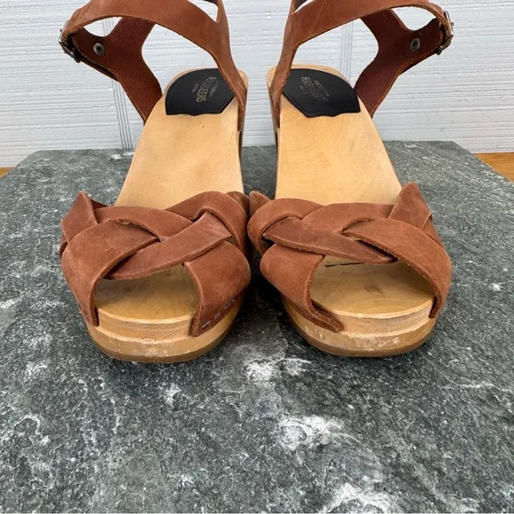 Swedish Hasbeens Kringlan Clog Sandals Block Heels Brown Braided Leather 37 US 7