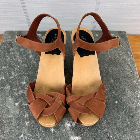 Swedish Hasbeens Kringlan Clog Sandals Block Heels Brown Braided Leather 37 US 7