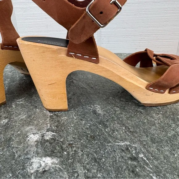 Swedish Hasbeens Kringlan Clog Sandals Block Heels Brown Braided Leather 37 US 7