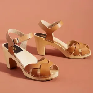 Swedish Hasbeens Kringlan Clog Sandals Block Heels Brown Braided Leather 37 US 7