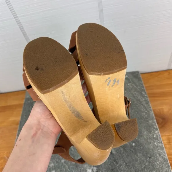 Swedish Hasbeens Kringlan Clog Sandals Block Heels Brown Braided Leather 37 US 7