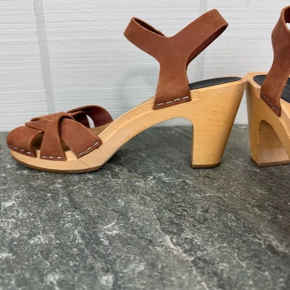Swedish Hasbeens Kringlan Clog Sandals Block Heels Brown Braided Leather 37 US 7