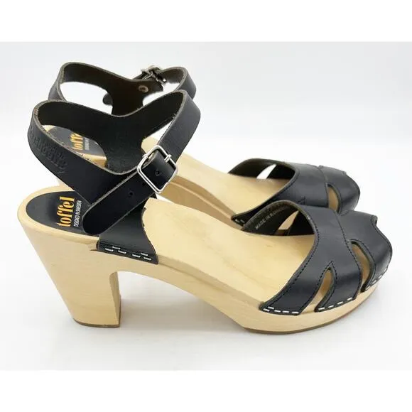 Swedish Hasbeens Merci Leather Sandals Black Leather Size 10