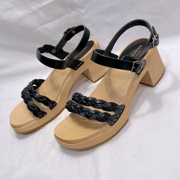 SWEDISH HASBEENS Tanja Black Braided Leather Clog Sandals