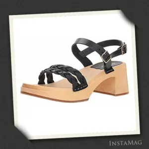 SWEDISH HASBEENS Tanja Black Braided Leather Clog Sandals