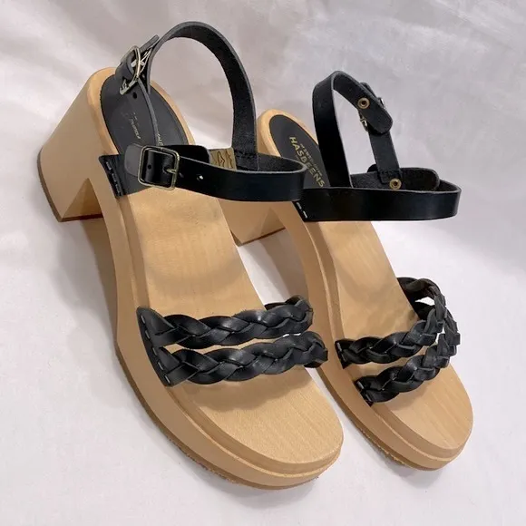 SWEDISH HASBEENS Tanja Black Braided Leather Clog Sandals