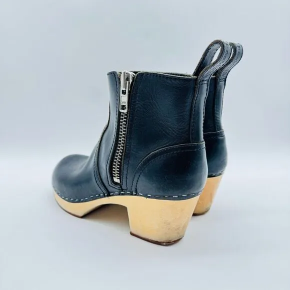 Swedish Hasbeens Toffel Black Leather Boots Womens 37 US 7 Block Heel Clogs