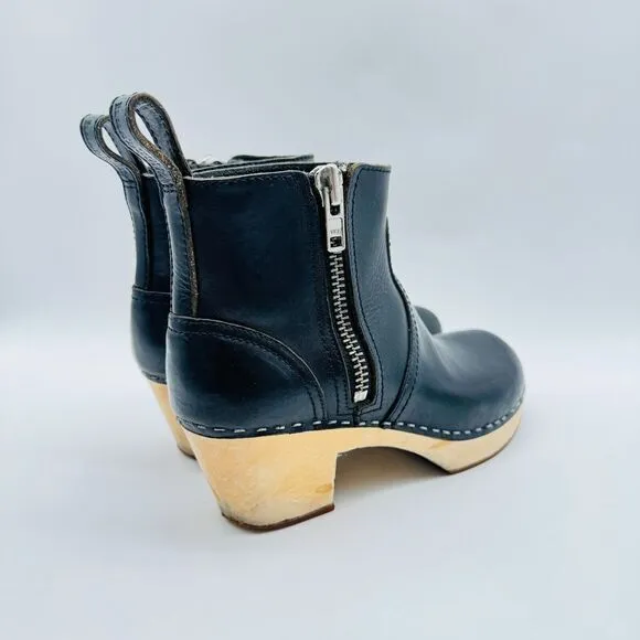 Swedish Hasbeens Toffel Black Leather Boots Womens 37 US 7 Block Heel Clogs