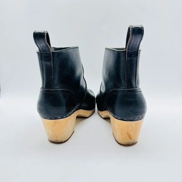 Swedish Hasbeens Toffel Black Leather Boots Womens 37 US 7 Block Heel Clogs