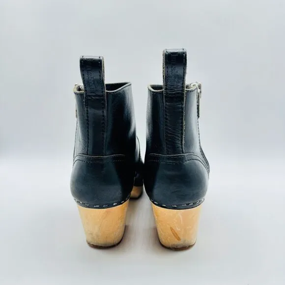 Swedish Hasbeens Toffel Black Leather Boots Womens 37 US 7 Block Heel Clogs