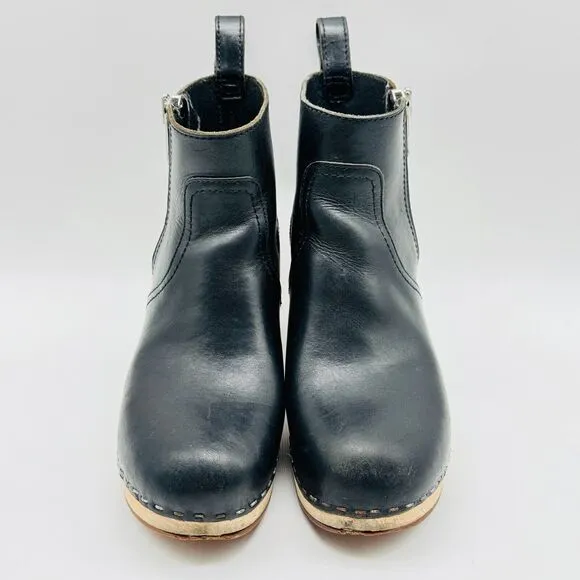 Swedish Hasbeens Toffel Black Leather Boots Womens 37 US 7 Block Heel Clogs