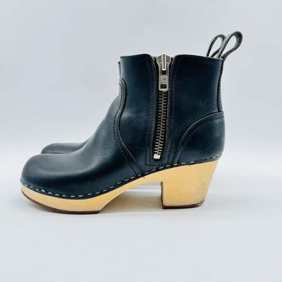 Swedish Hasbeens Toffel Black Leather Boots Womens 37 US 7 Block Heel Clogs