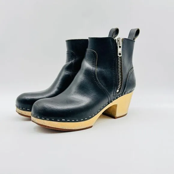 Swedish Hasbeens Toffel Black Leather Boots Womens 37 US 7 Block Heel Clogs