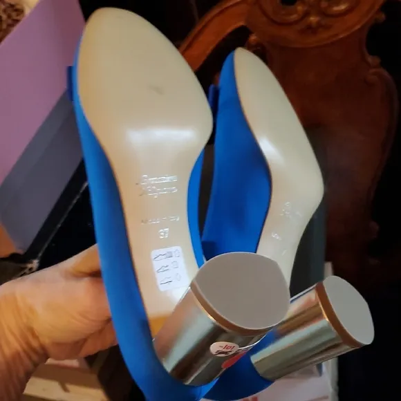 Sz 37 $355 Bruglia Made In Italy Blue Women's Shoes with Silver Heel