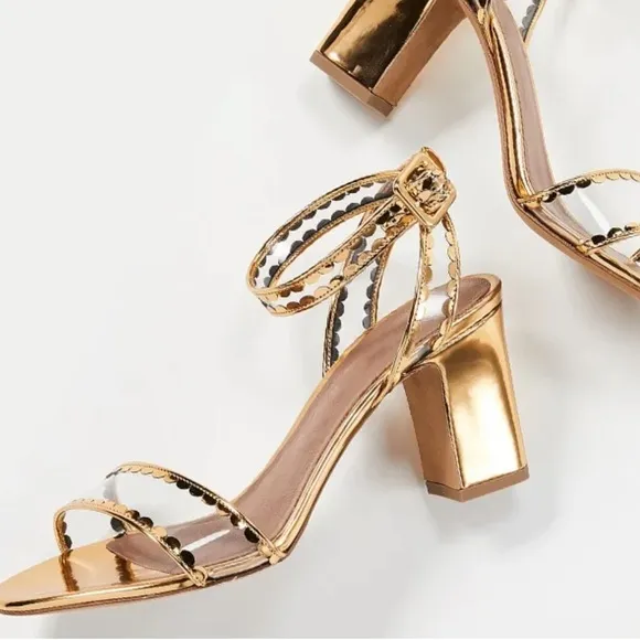 Tabitha Simmons Gold PVC block heel ankle strap sandals women size 5.5 35.5