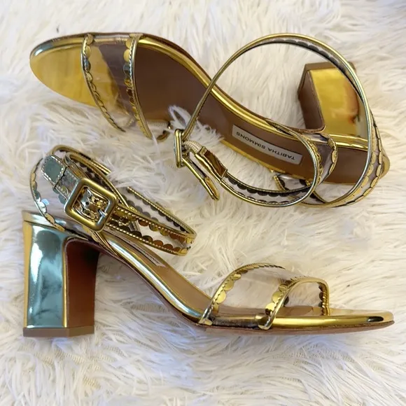 Tabitha Simmons Gold PVC block heel ankle strap sandals women size 5.5 35.5