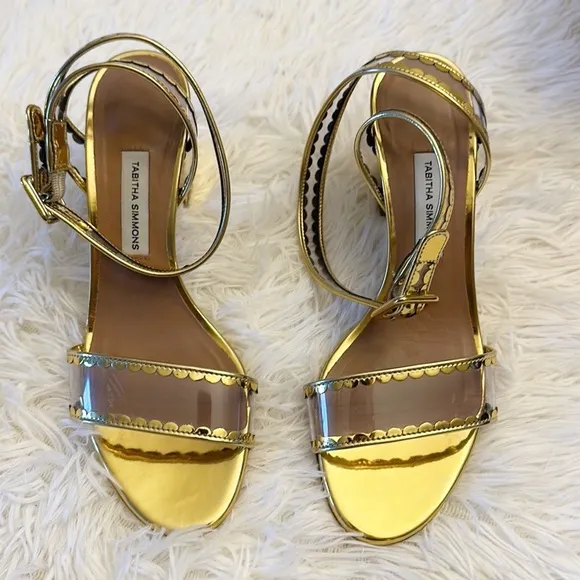 Tabitha Simmons Gold PVC block heel ankle strap sandals women size 5.5 35.5