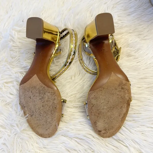 Tabitha Simmons Gold PVC block heel ankle strap sandals women size 5.5 35.5