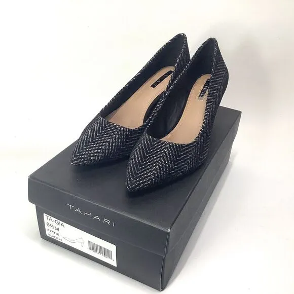 Tahari Gia Shoes Black White Chevron Shoes Pumps 6.5M Textile Pointy Toe  New