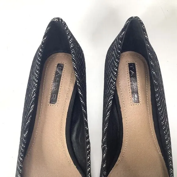 Tahari Gia Shoes Black White Chevron Shoes Pumps 6.5M Textile Pointy Toe  New