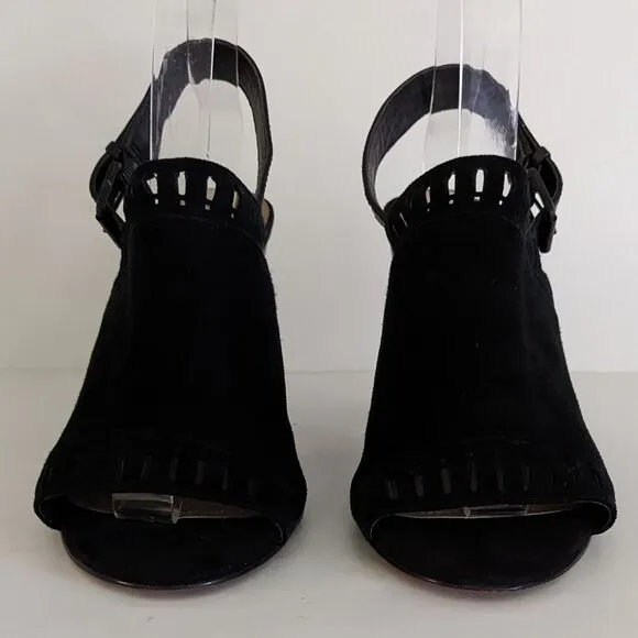 Tahari Maya Black Suede Peep Toe High Heel Sandals Women's 9