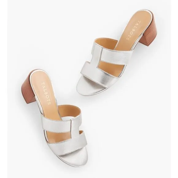 🔥Talbots TILLY METALLIC NAPPA BLOCK HEEL SANDALS silver sz 6.5 New