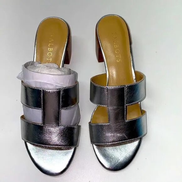 🔥Talbots TILLY METALLIC NAPPA BLOCK HEEL SANDALS silver sz 6.5 New