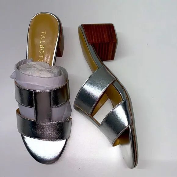 🔥Talbots TILLY METALLIC NAPPA BLOCK HEEL SANDALS silver sz 6.5 New