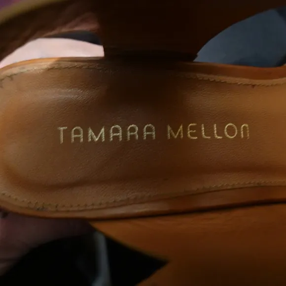 TAMARA MELLON Cognac Leather Wedge Sandals with Serrated Soles, size 38.5