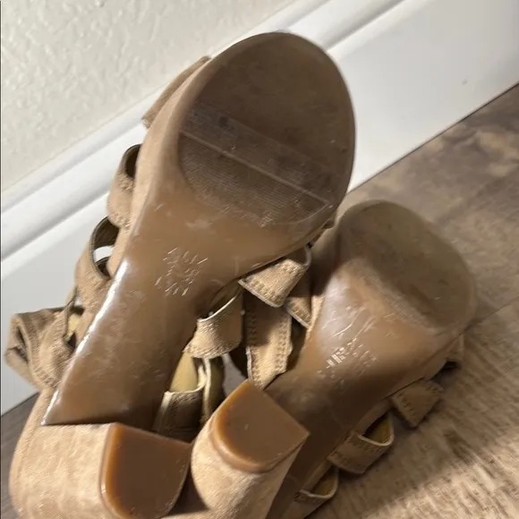 Tan Block Heel Sandals with Crisscross Straps