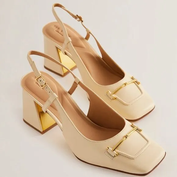 Ted Baker London Ecru Meya Leather Slingback Block Heel Shoes Size 8.5 NWOT