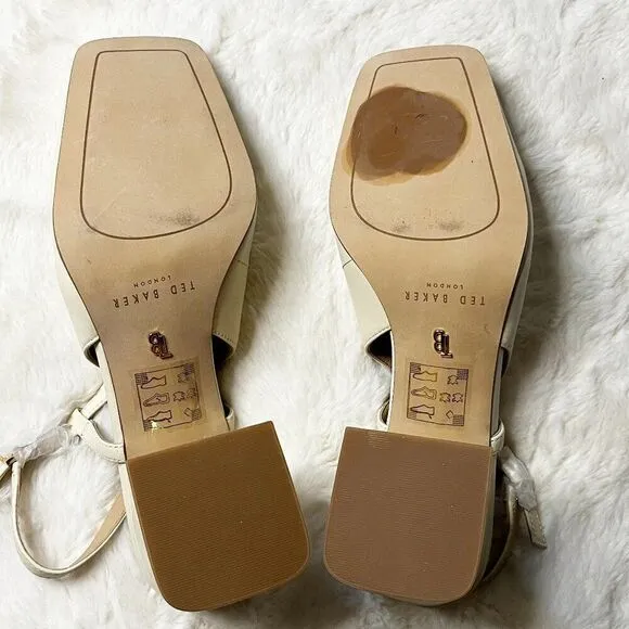 Ted Baker London Ecru Meya Leather Slingback Block Heel Shoes Size 8.5 NWOT