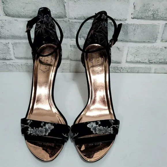 Ted Baker London 41 US10.5 NIKOAL Floral Embroidered‎ Ankle Strap Sandals Heels