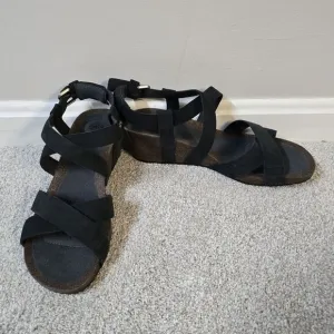 Teva Women's Mahonia Strappy Wedge Black  Leather Sandals Size 9 Vacation Resort