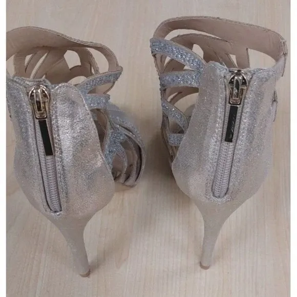 Thalia Sodi Serenagld Champagne Sparkle Evening Dress Strappy Heels Shoes Size 6