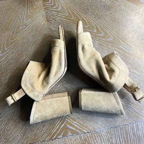 THE SELLER Tan Suede Leather Slouch Block Heel Sandals 38