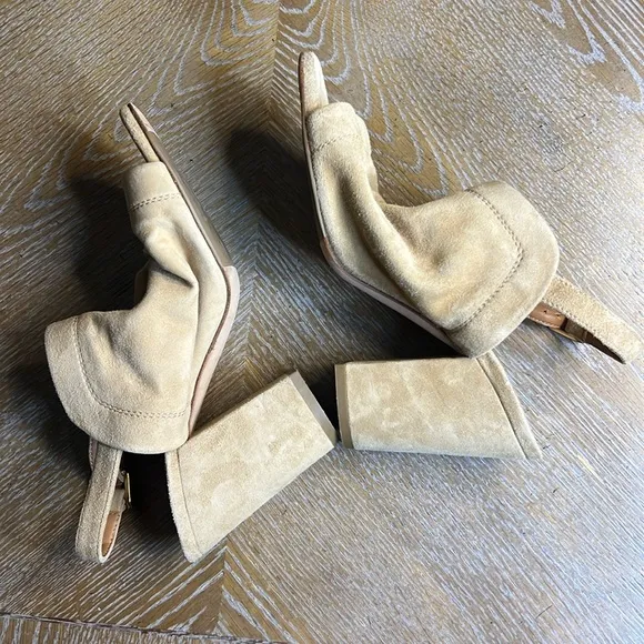 THE SELLER Tan Suede Leather Slouch Block Heel Sandals 38