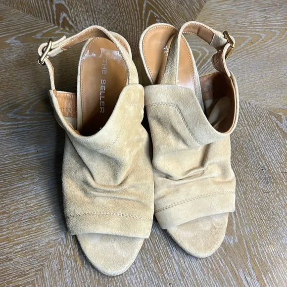 THE SELLER Tan Suede Leather Slouch Block Heel Sandals 38
