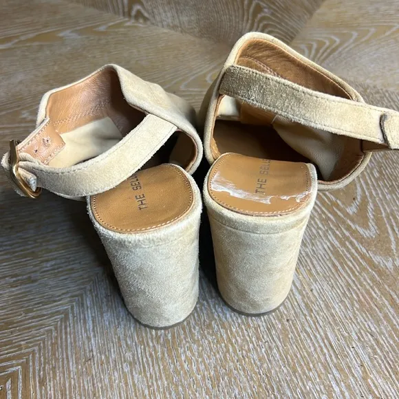 THE SELLER Tan Suede Leather Slouch Block Heel Sandals 38
