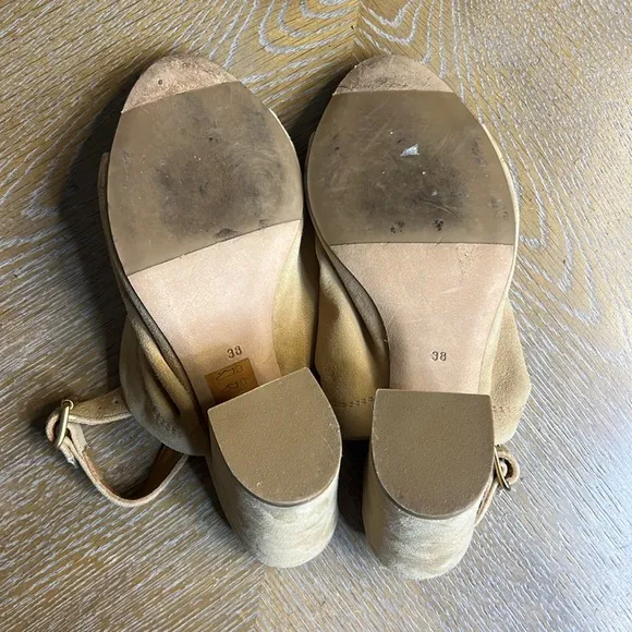 THE SELLER Tan Suede Leather Slouch Block Heel Sandals 38
