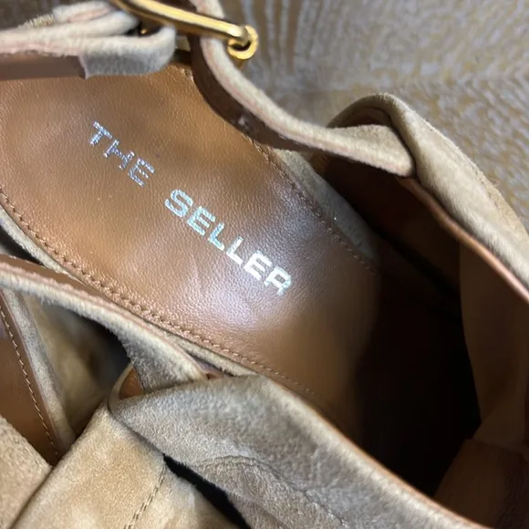 THE SELLER Tan Suede Leather Slouch Block Heel Sandals 38