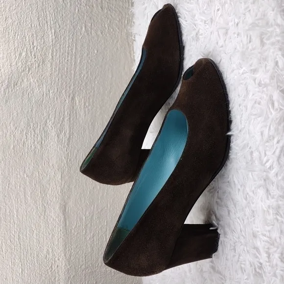 Thierry Rabotin Vintage Brown Suede Leather Almond Peep Toe Blocked Heel Shoe