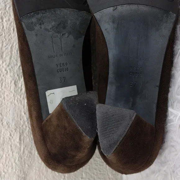 Thierry Rabotin Vintage Brown Suede Leather Almond Peep Toe Blocked Heel Shoe